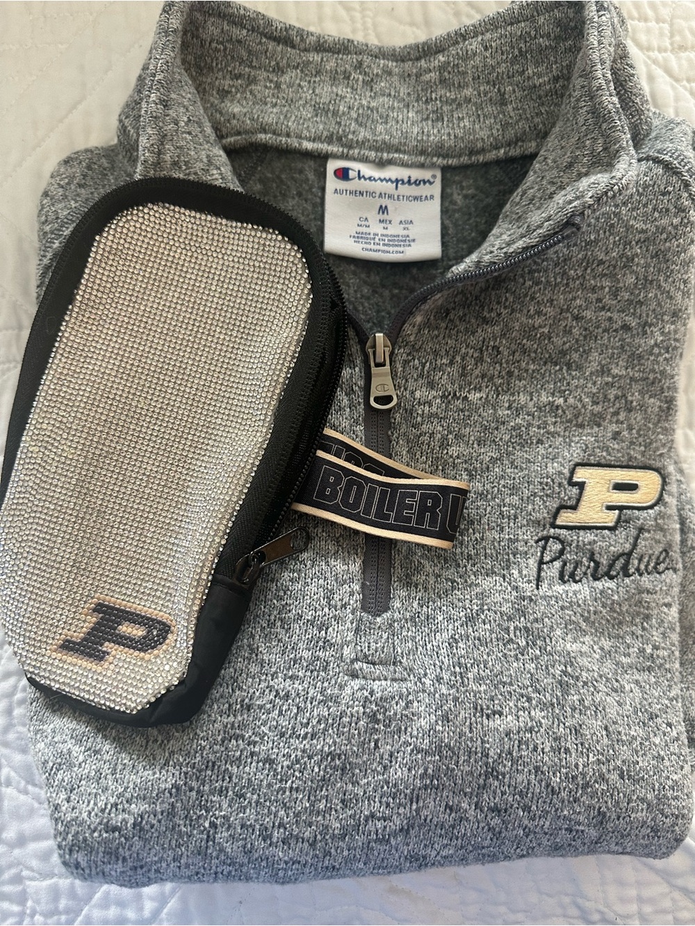Champion Ladies Gray Purdue Quarter-Zip Sweater. M.  Bonus rhinestone pouch.